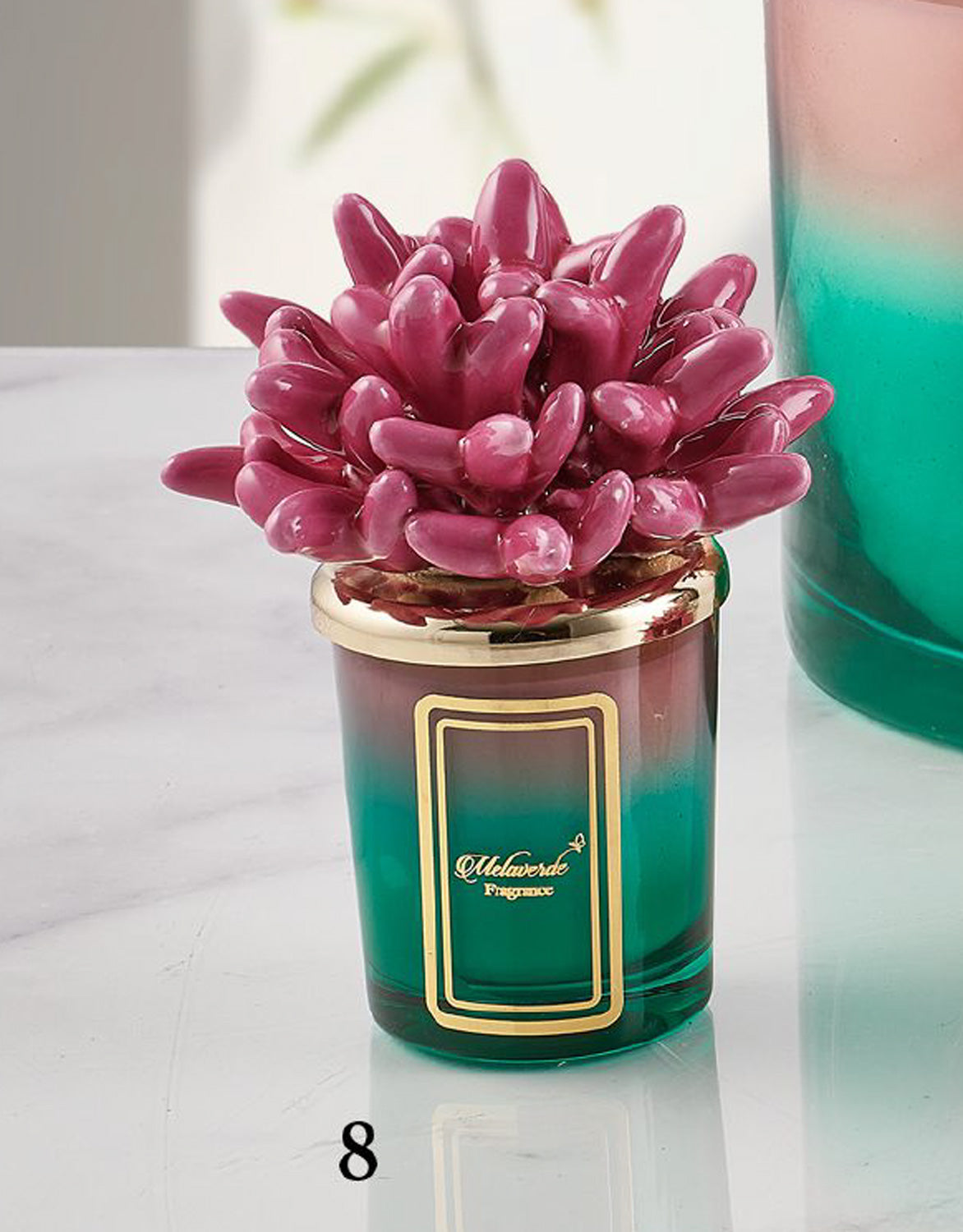 Candela piccola in ceramica bicolore fucsia anemone Melaverde da 100gr, decorata a mano, con scatola regalo elegante inclusa.