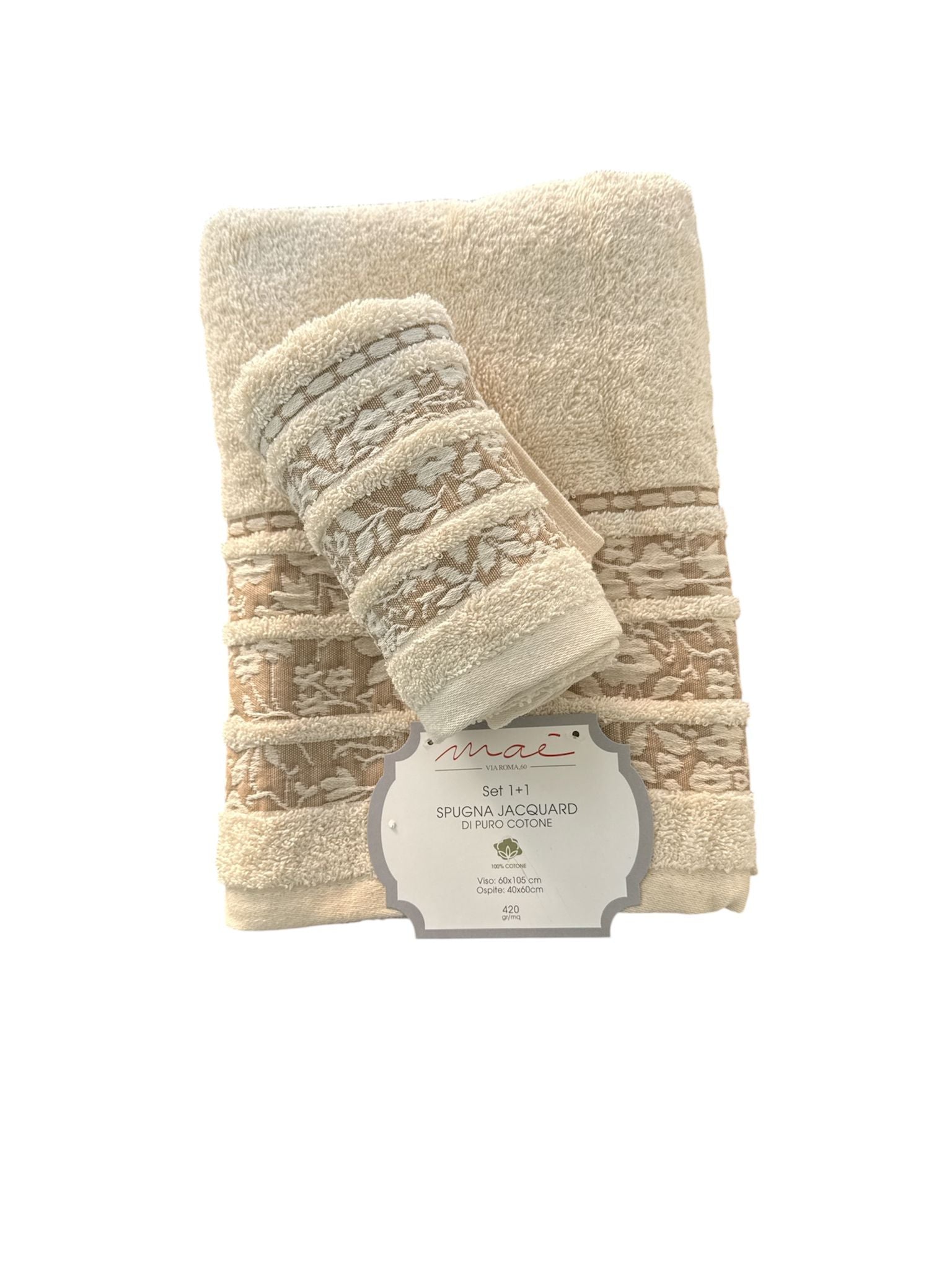 Set Asciugamani 1+1 Via Roma 60 Lino – Spugna di Cotone Jacquard 420 gr/m²