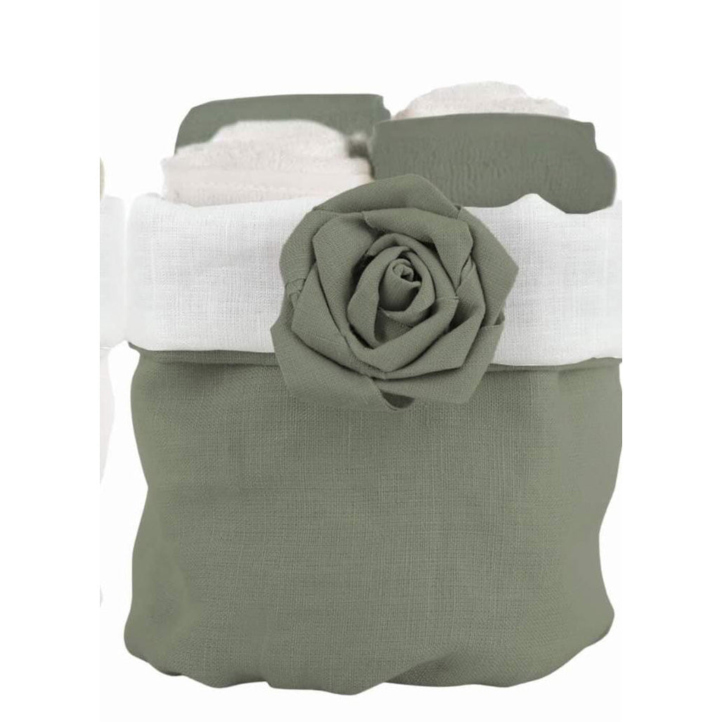 Set di 4 lavette Daunex 30x30 cm in spugna di cotone con cestino decorativo “Bocciolo”, eleganza e morbidezza per il bagno.