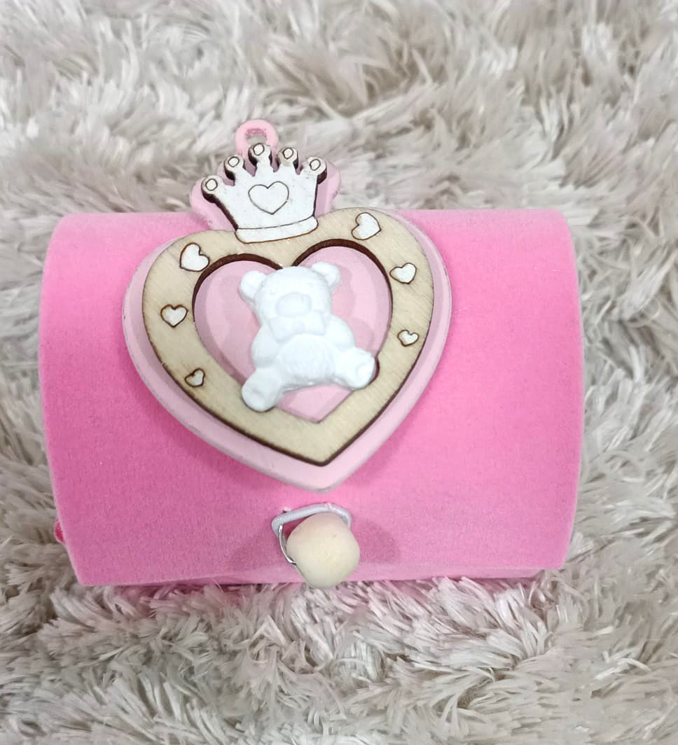 Scatolina Nascita Bimba scrigno in velluto celeste con corona legno e orsetta gessetto