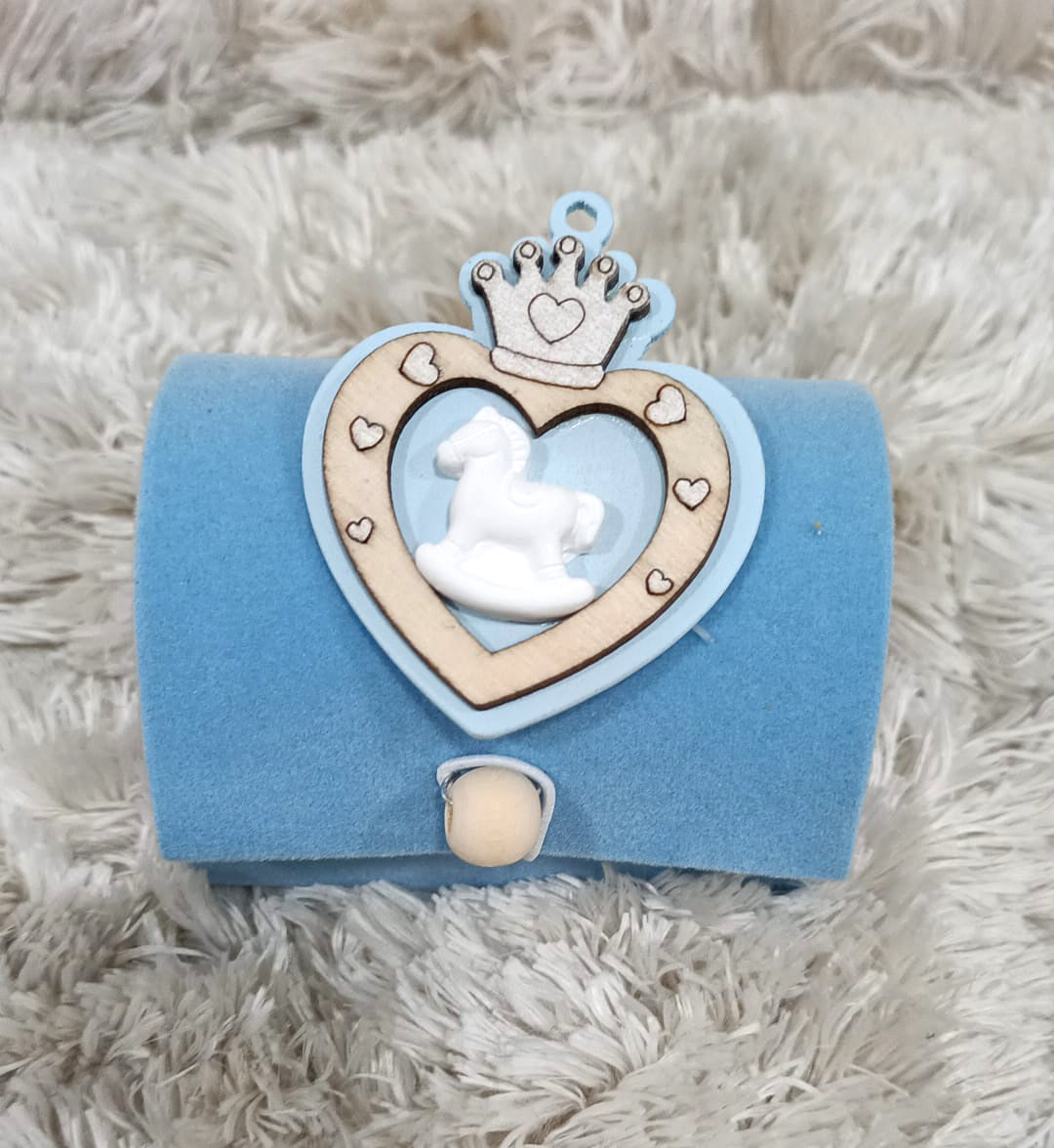 Scatolina Nascita Bimbo scrigno in velluto celeste con corona legno e cavallino gessetto
