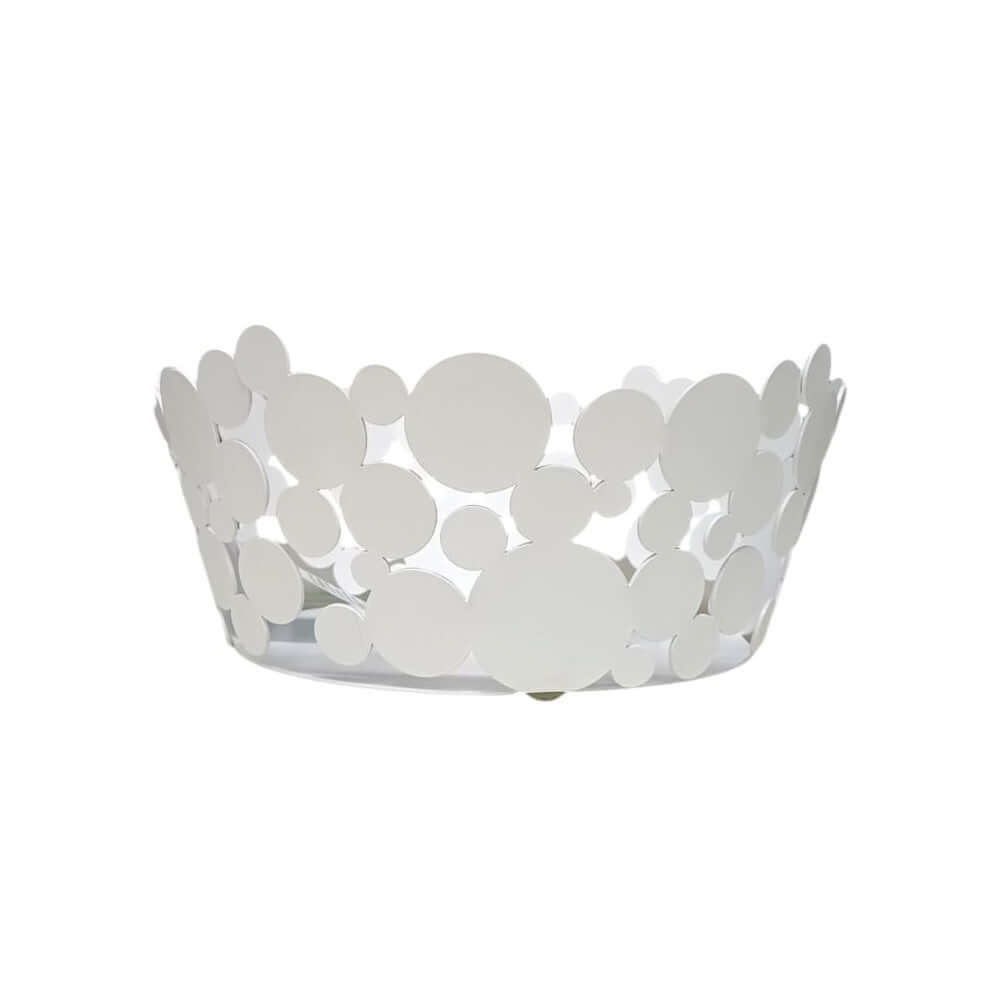 Cesto centrotavola Bolle Ceart in acciaio dolce taglio laser, decorazione a bolle, diametro 28 cm, altezza 11 cm, artigianato Made in Italy.
