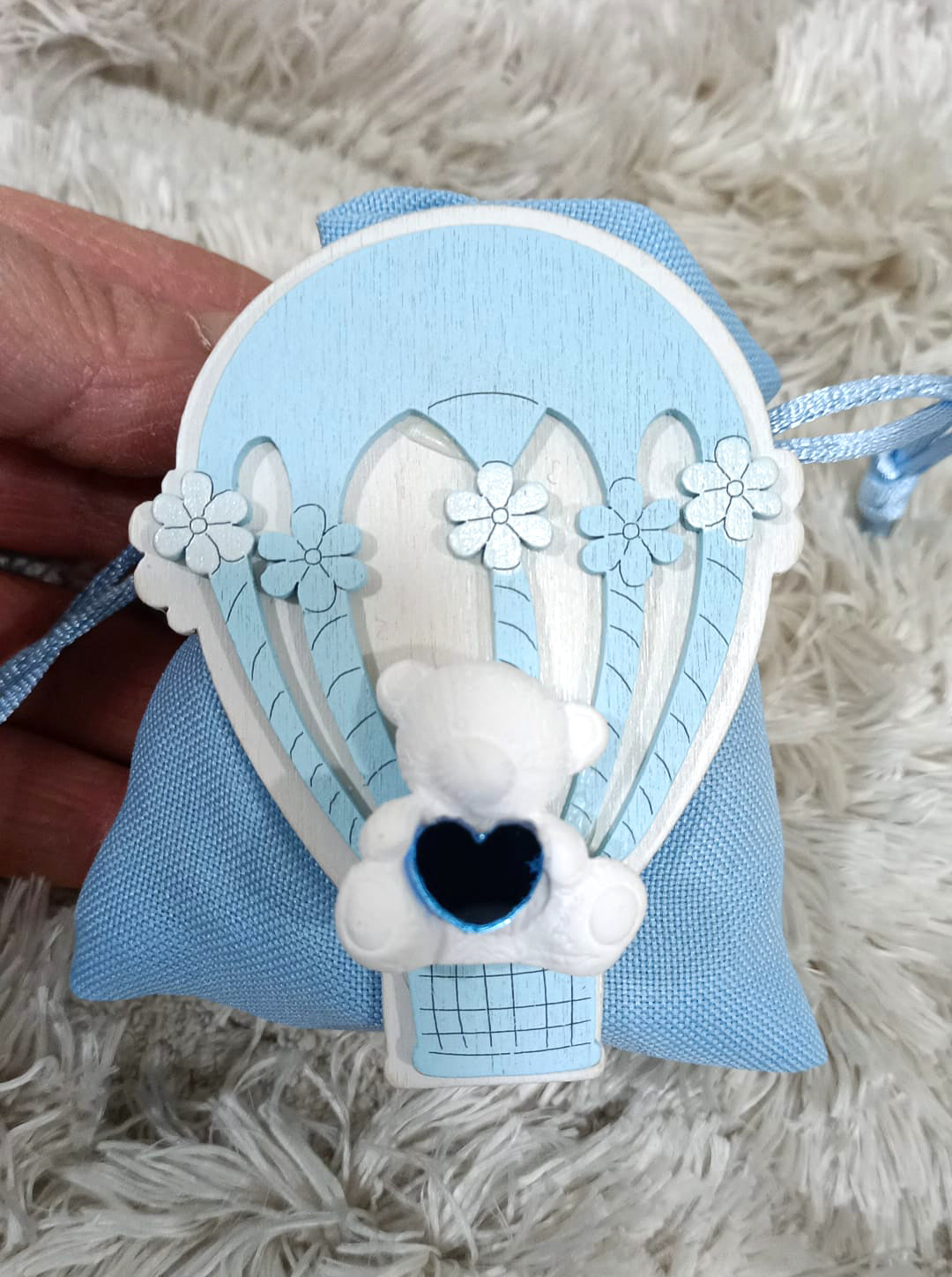 Scatolina Nascita Bimbo legno mongolfiera con orsetto celeste