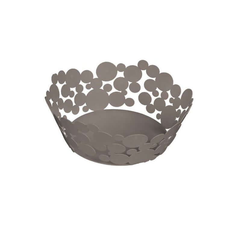 Cesto centrotavola Bolle Ceart in acciaio dolce con taglio laser, disegno decorativo a bolle, diametro 28 cm, altezza 11 cm, artigianale Made in Italy.