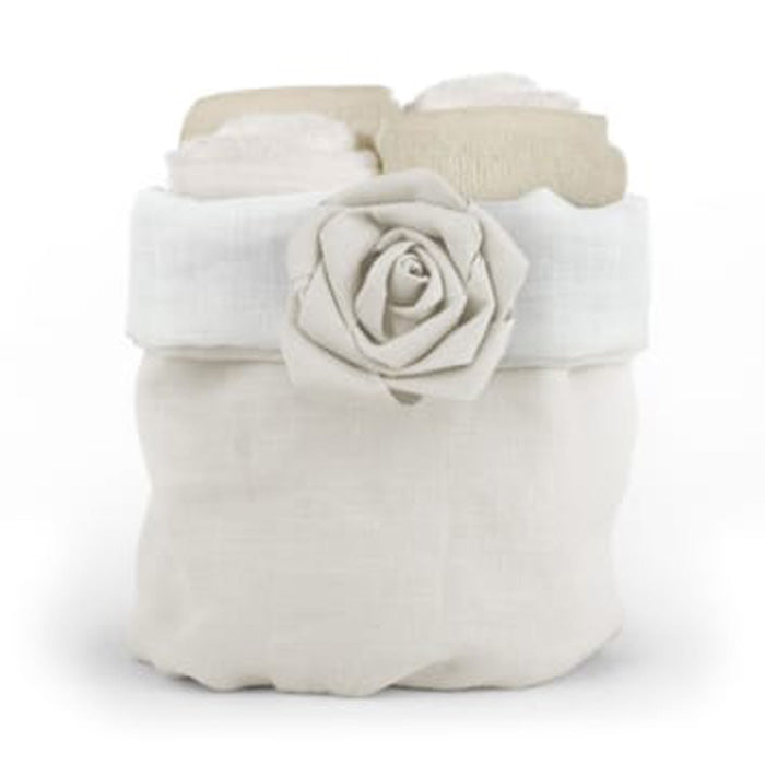 Set di 4 lavette Daunex 30x30 cm in spugna di cotone con cestino decorativo “Bocciolo”, eleganza e morbidezza per il bagno.