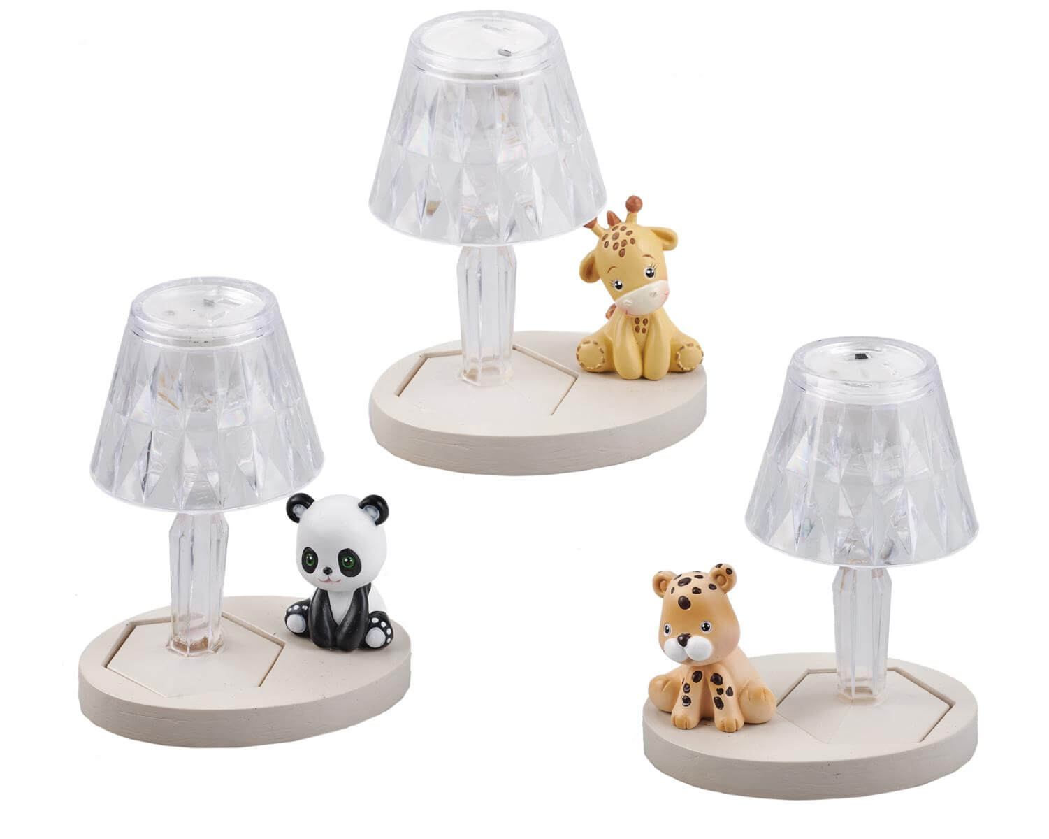 Lumetto LED Baby Zoo in plexiglass e legno, assortito in 3 soggetti, ideale come bomboniera battesimo personalizzabile con scatola inclusa.