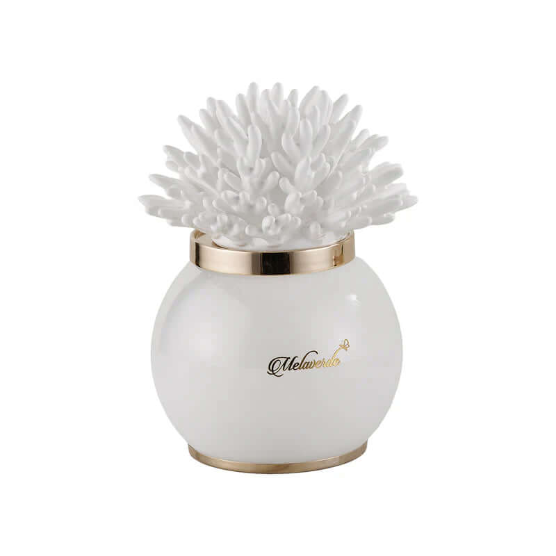 Lampada Melaverde Corallo bianco, sfera in porcellana 20 cm decorata a mano, bomboniera artigianale con scatola regalo, elegante e Made in Italy.
