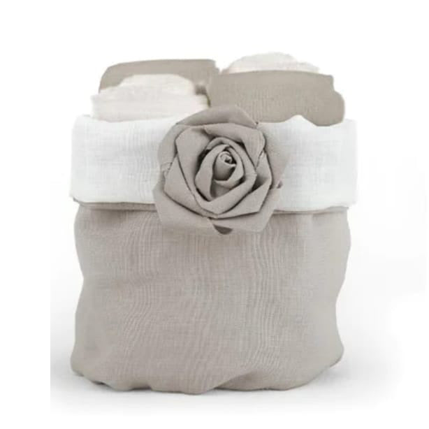 Set di 4 lavette Daunex 30x30 cm in spugna di cotone con cestino decorativo “Bocciolo”, eleganza e morbidezza per il bagno.