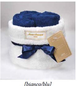 Set lavette Maestri Cotonieri 30x30 in spugna con cestino decorativo, accessorio bagno raffinato.