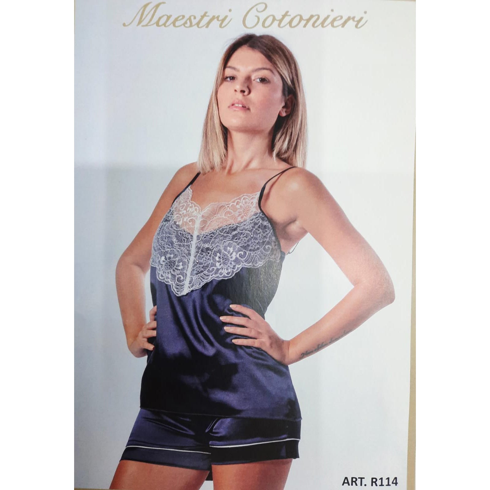 Baby Doll Maestri Cotonieri R114 in raso di cotone, completo top e culotte, stile elegante e realizzazione italiana