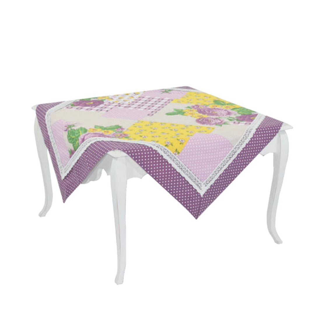 Centrotavola quadrato 90x90 cm in cotone con stampa peonie e bordo in pizzo, marca Preziosa Home, elegante e Made in Italy.