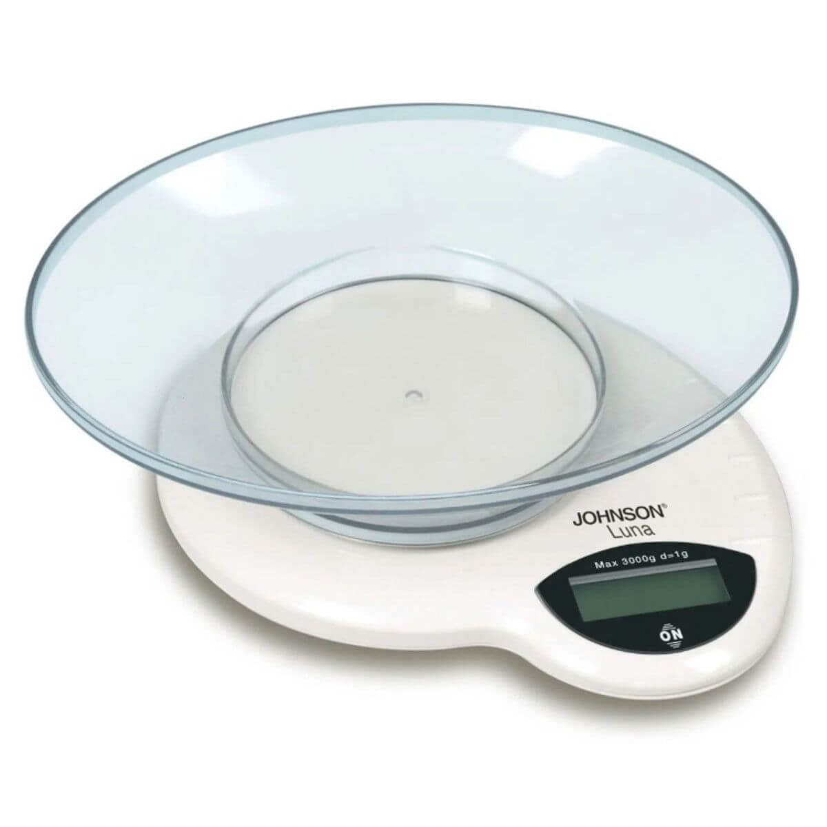 Bilancia digitale da cucina Johnson modello Luna, compatta con display digitale e superficie lavabile, precisione 1g