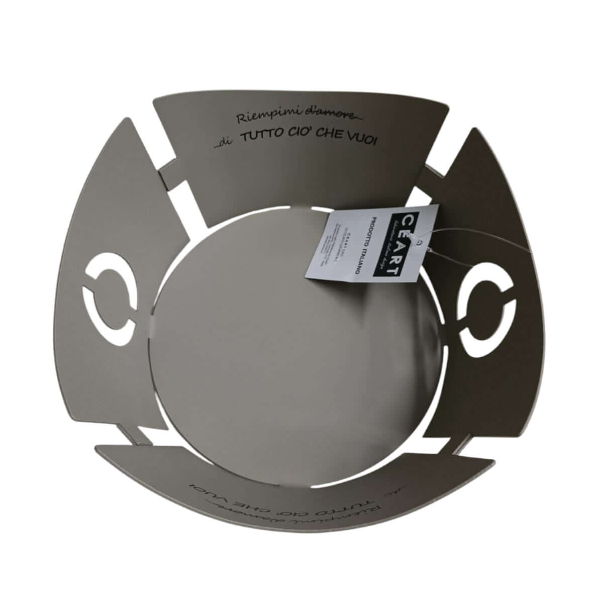 Cesto centrotavola Ceart D’Amore in metallo taglio laser, design artigianale italiano, diametro 20 cm, ideale come porta frutta o complemento d’arredo.