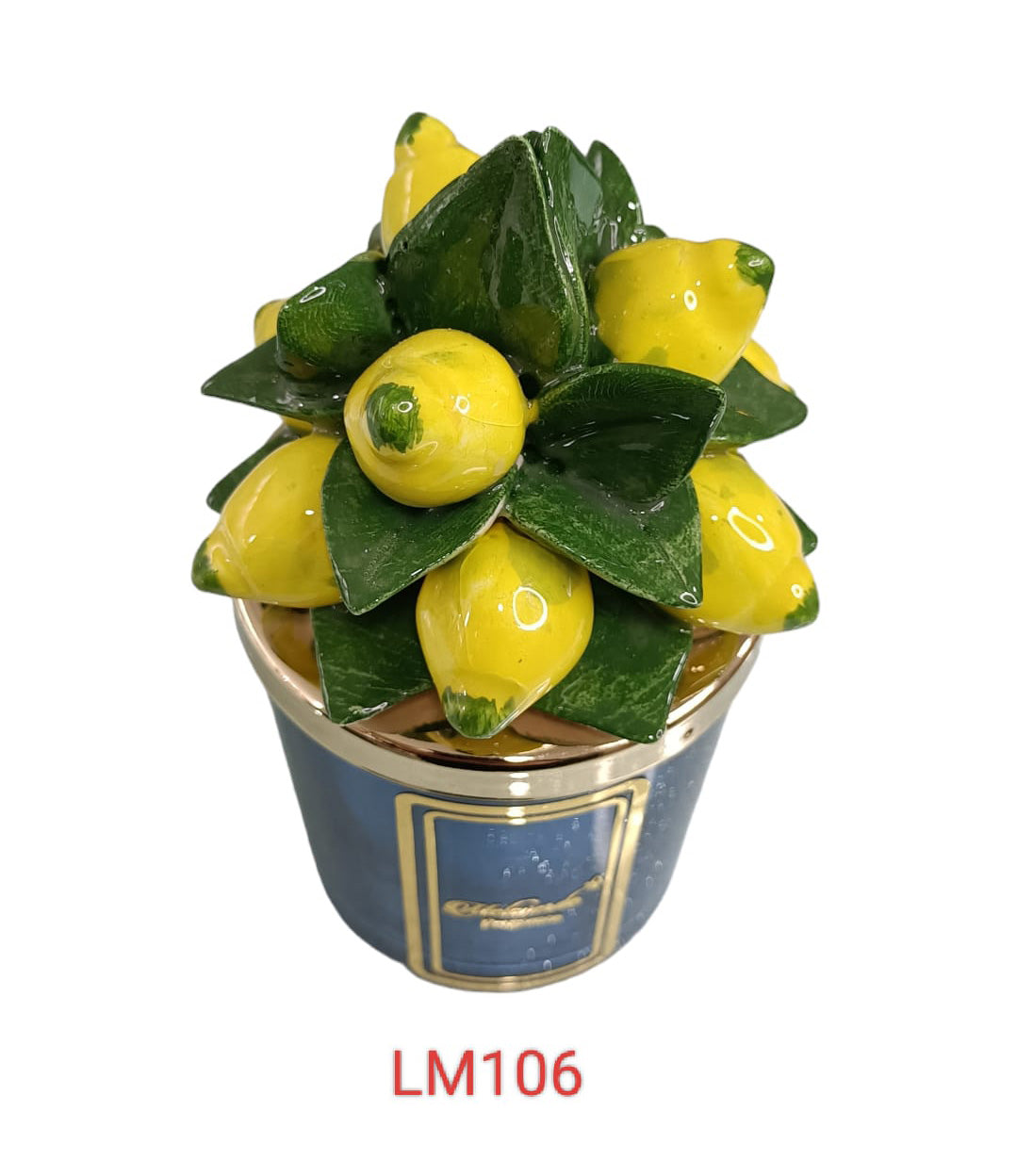 Candela artigianale Melaverde in porcellana con decoro limoni blu, bomboniera con scatola inclusa