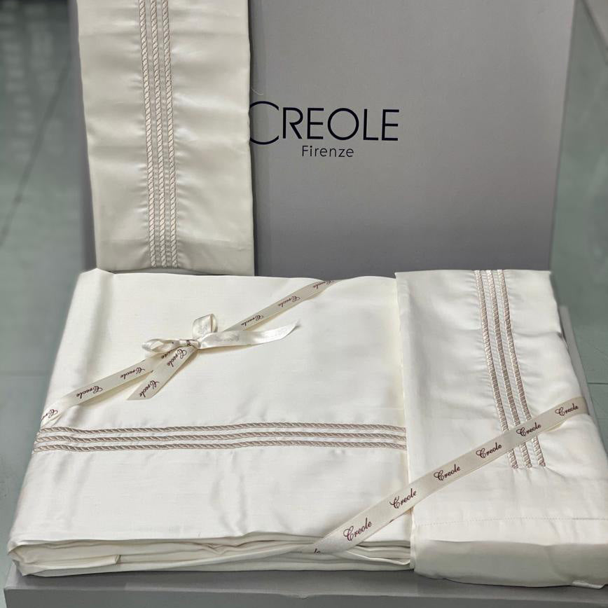 Completo lenzuola matrimoniale Creole Firenze Thea in 100% percalle di cotone, misura 250x290 cm, stile moderno ed elegante, Made in Italy.