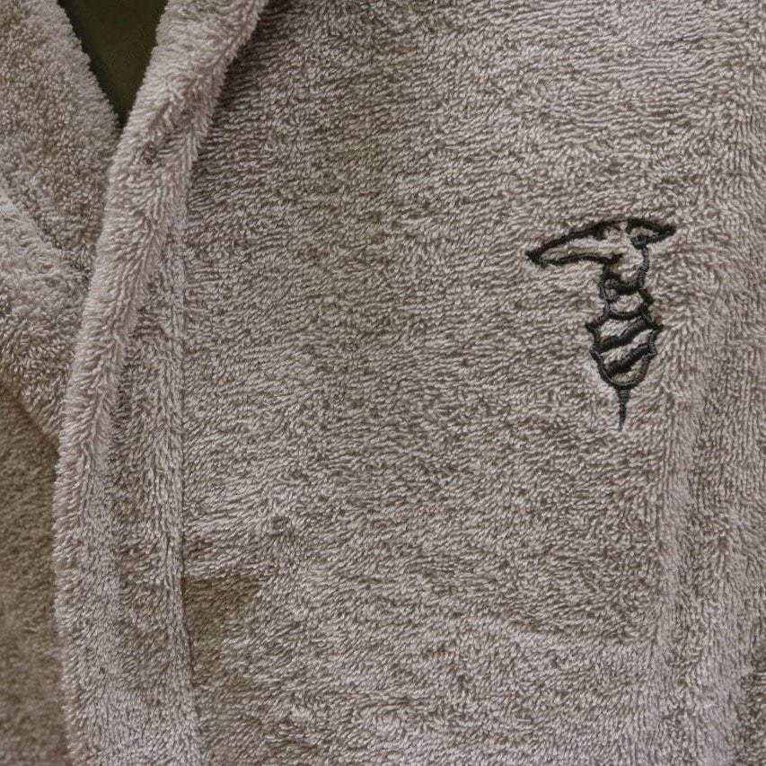 Accappatoio Trussardi Ribbon taglia L/XL, in spugna di cotone, colore perla, con cappuccio, cintura e tasche, design elegante, Made in Italy.