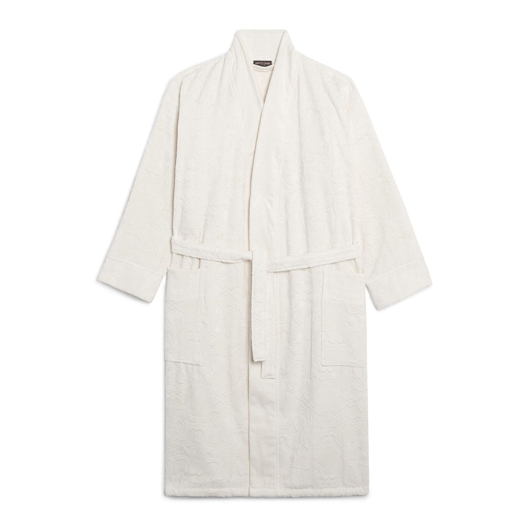 Accappatoio Roberto Cavalli Logo S/M bianco, in spugna di cotone, con cappuccio, tasche e cintura, design elegante con logo, Made in Italy.
