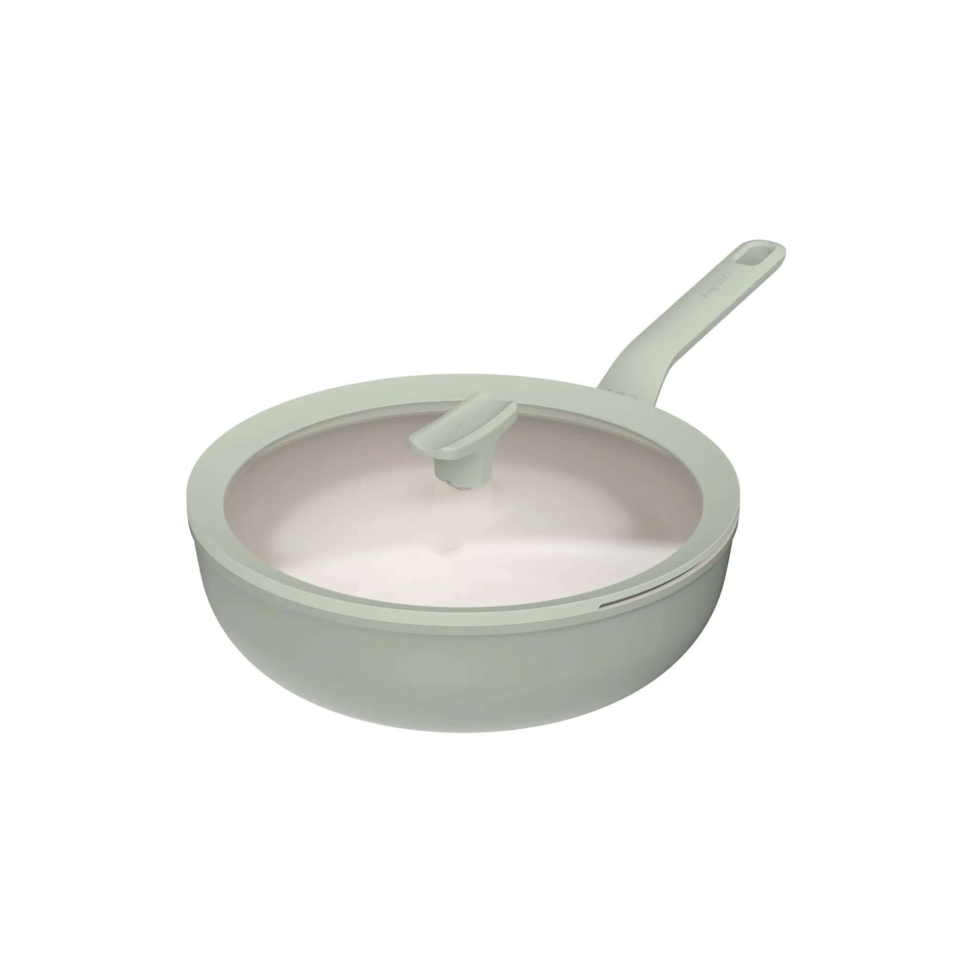 Wok antiaderente Balance Sage da 28 cm con coperchio in vetro e manico termoisolato, in alluminio riciclato con rivestimento ceramico PFAS-free.
