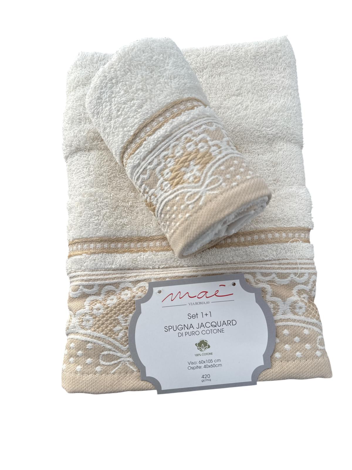 Set Asciugamani 1+1 Romantica Via Roma 60 – Spugna di Cotone Jacquard 420 gr/m²