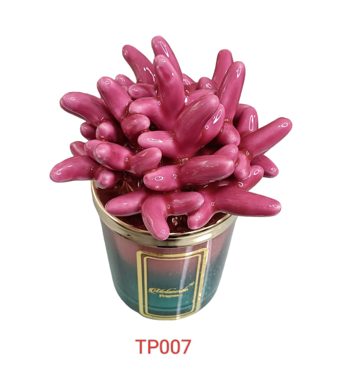 Candela media in ceramica bicolore fucsia anemone Melaverde Linea Tropicana da 200gr, fatta a mano, con scatola regalo elegante inclusa.