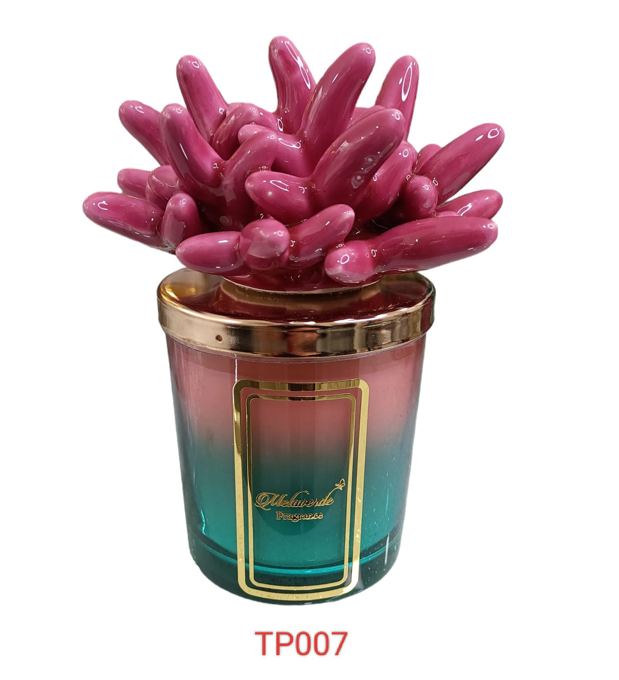 Candela media in ceramica bicolore fucsia anemone Melaverde Linea Tropicana da 200gr, fatta a mano, con scatola regalo elegante inclusa.