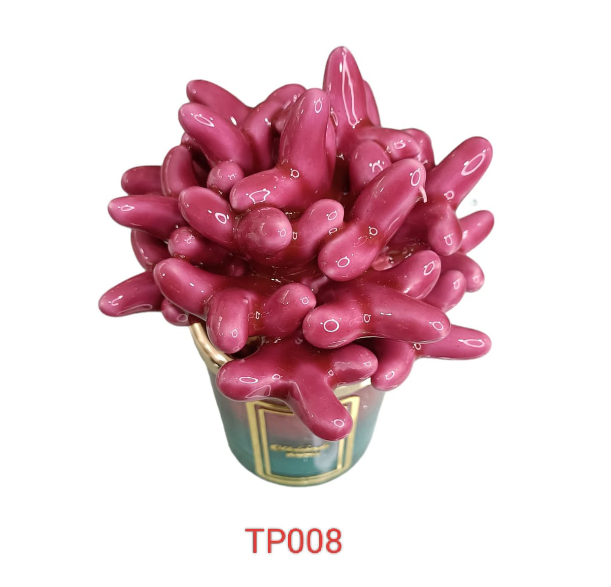 Candela piccola in ceramica bicolore fucsia anemone Melaverde da 100gr, decorata a mano, con scatola regalo elegante inclusa.