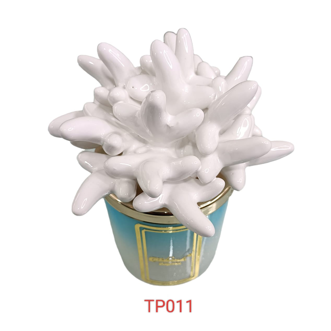 Candela Melaverde Tropicana in ceramica bicolore anemone bianco, bomboniera artigianale 200g con scatola