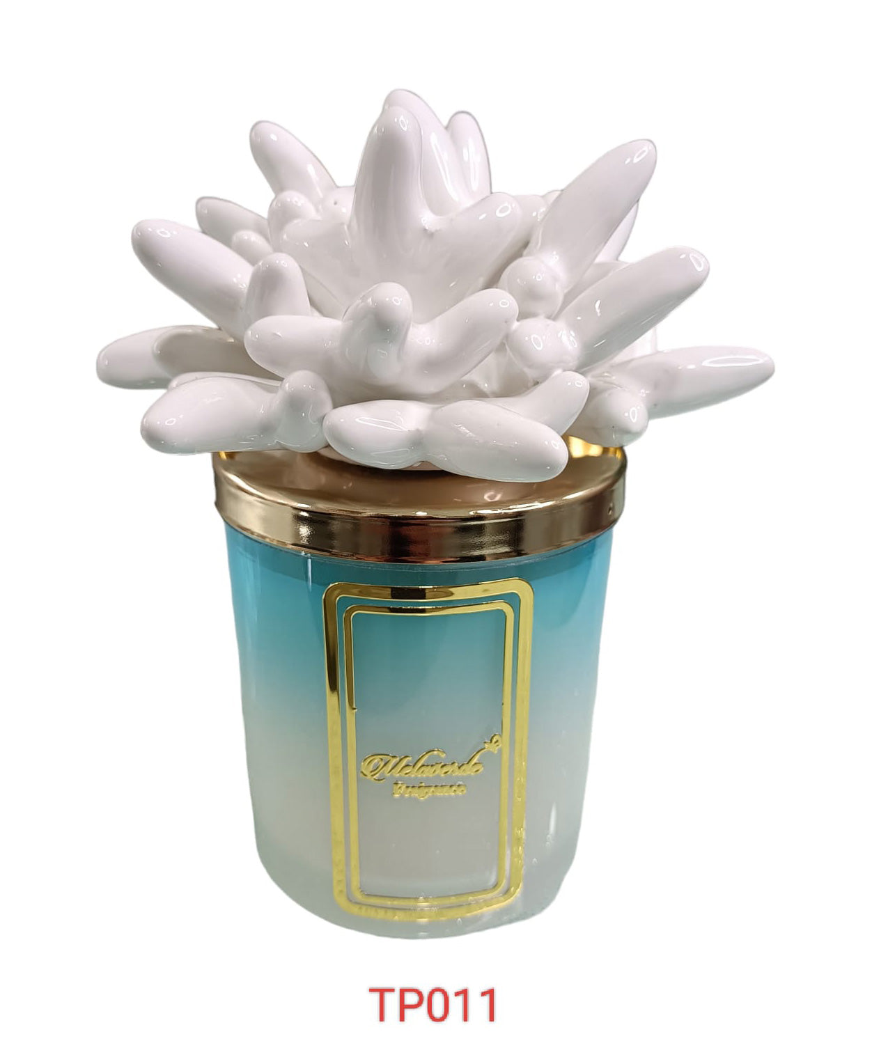 Candela Melaverde Tropicana in ceramica bicolore anemone bianco, bomboniera artigianale 200g con scatola