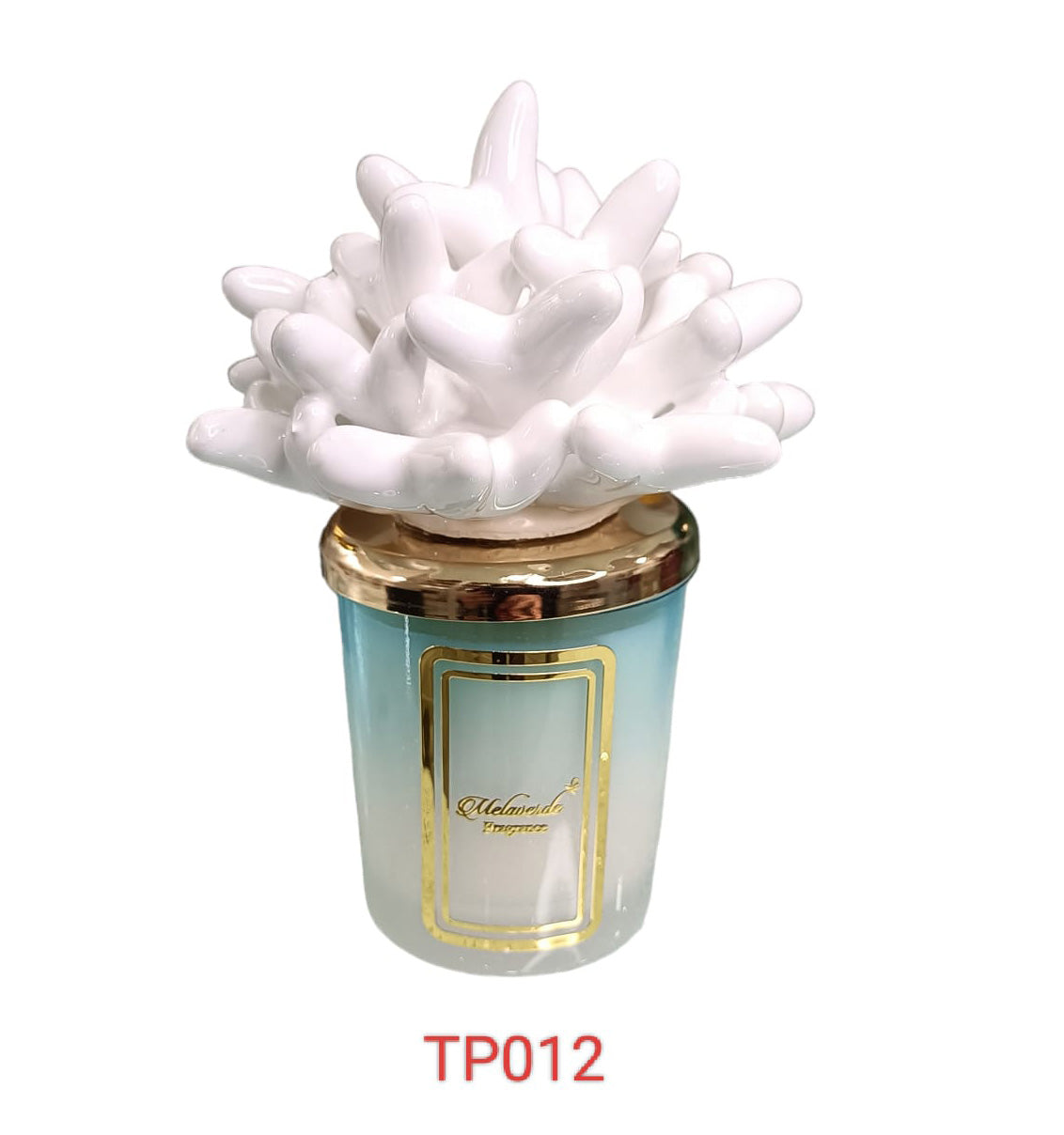 Candela piccola in ceramica bicolore Melaverde Linea Tropicana da 100gr, anemone bianco, fatta a mano e completa di scatola regalo elegante.