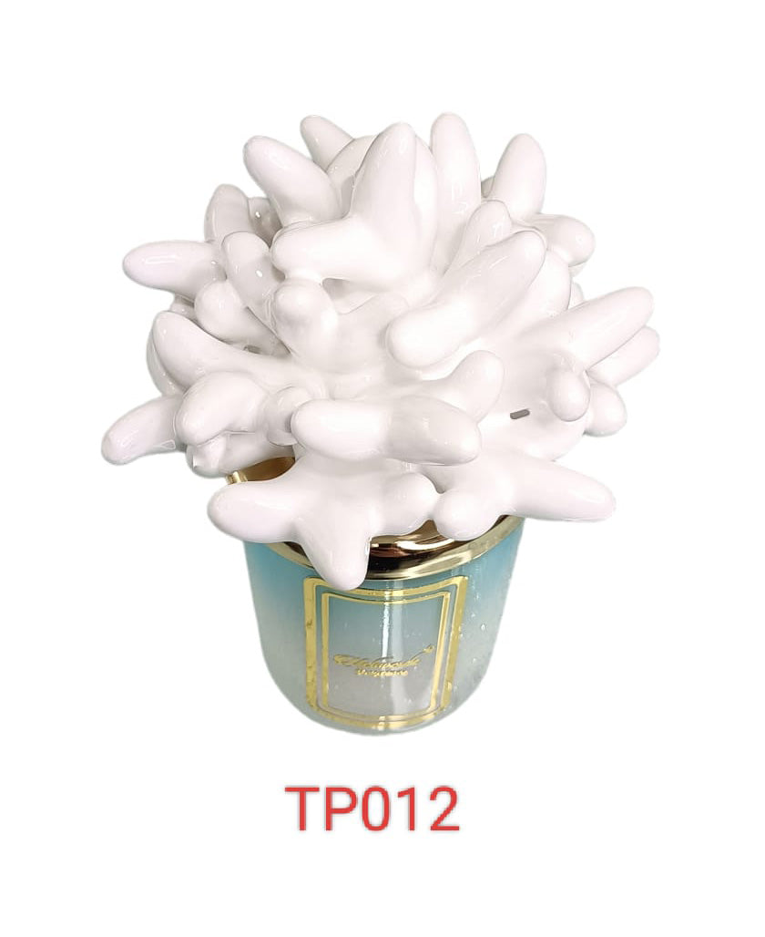 Candela piccola in ceramica bicolore Melaverde Linea Tropicana da 100gr, anemone bianco, fatta a mano e completa di scatola regalo elegante.