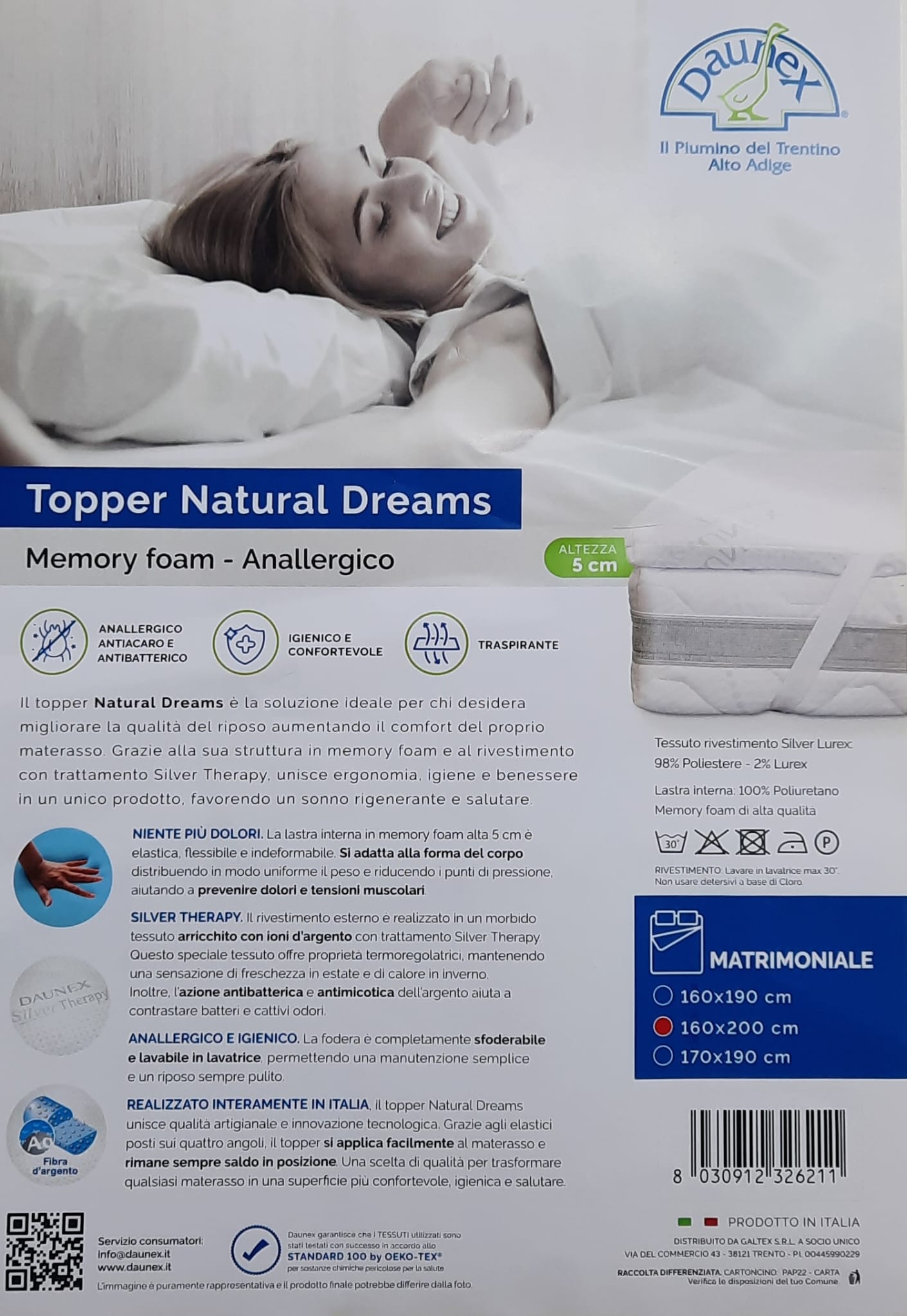 Topper Materasso Daunex Natural Dreams 160x200 cm