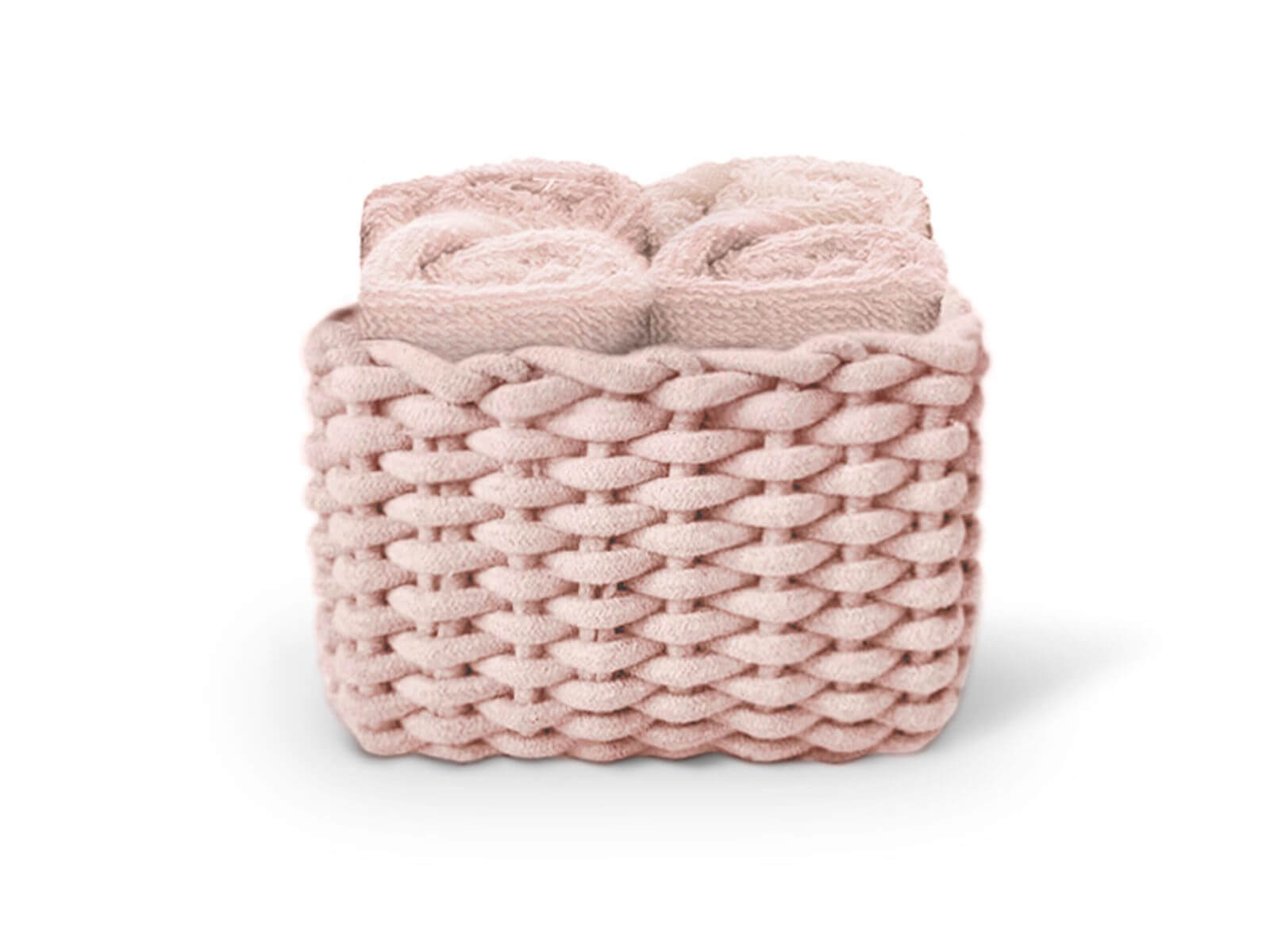 Set di 4 lavette Daunex Classic 30x30 in spugna di cotone con cestino decorativo, accessorio bagno elegante.