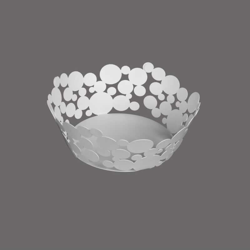 Cesto centrotavola Bolle Ceart in acciaio dolce con taglio laser, disegno decorativo a bolle, diametro 28 cm, altezza 11 cm, artigianale Made in Italy.