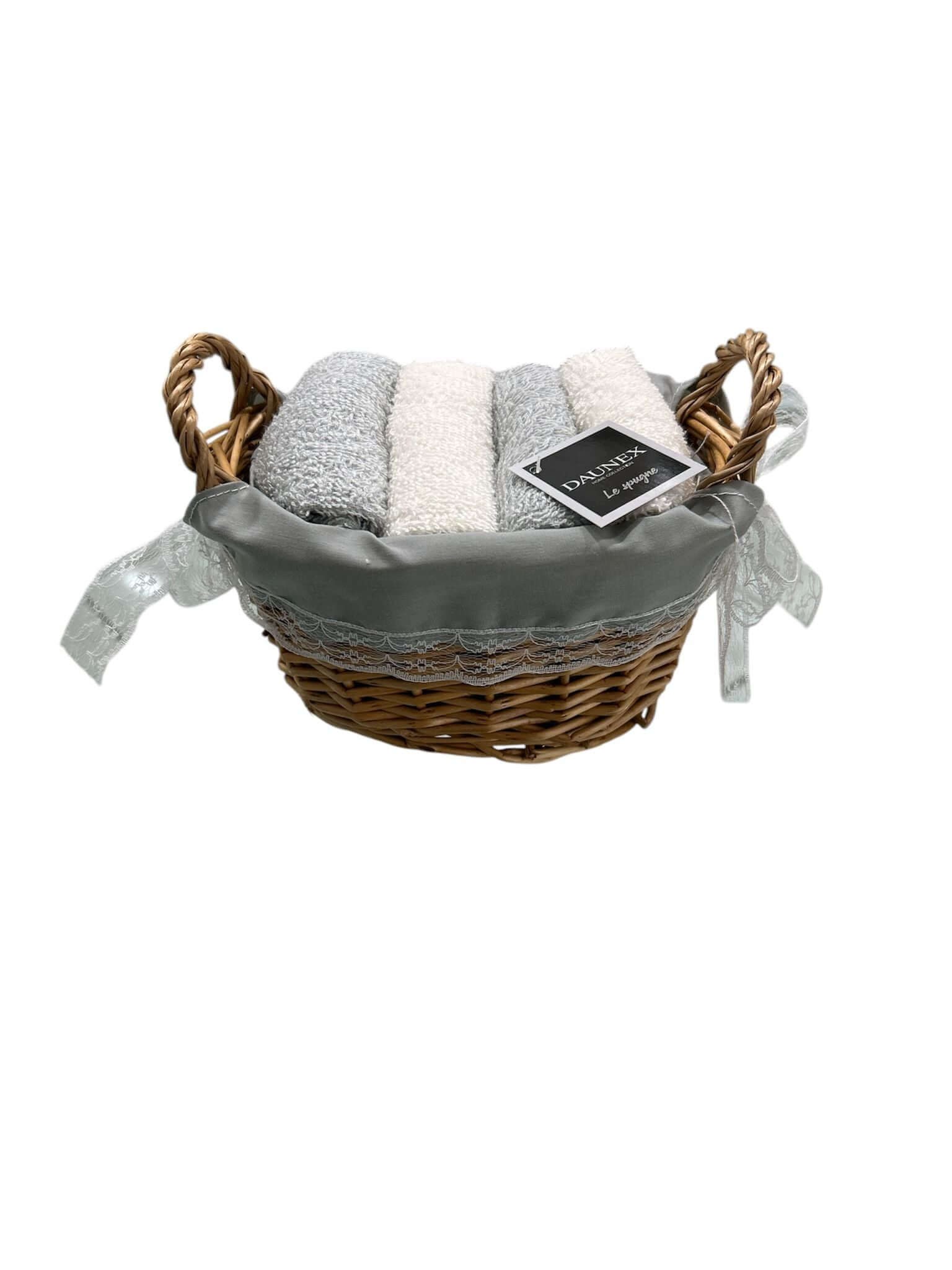 Set lavette Daunex Cottage 30x30 in spugna di cotone con cestino stile country chic, accessorio bagno elegante.