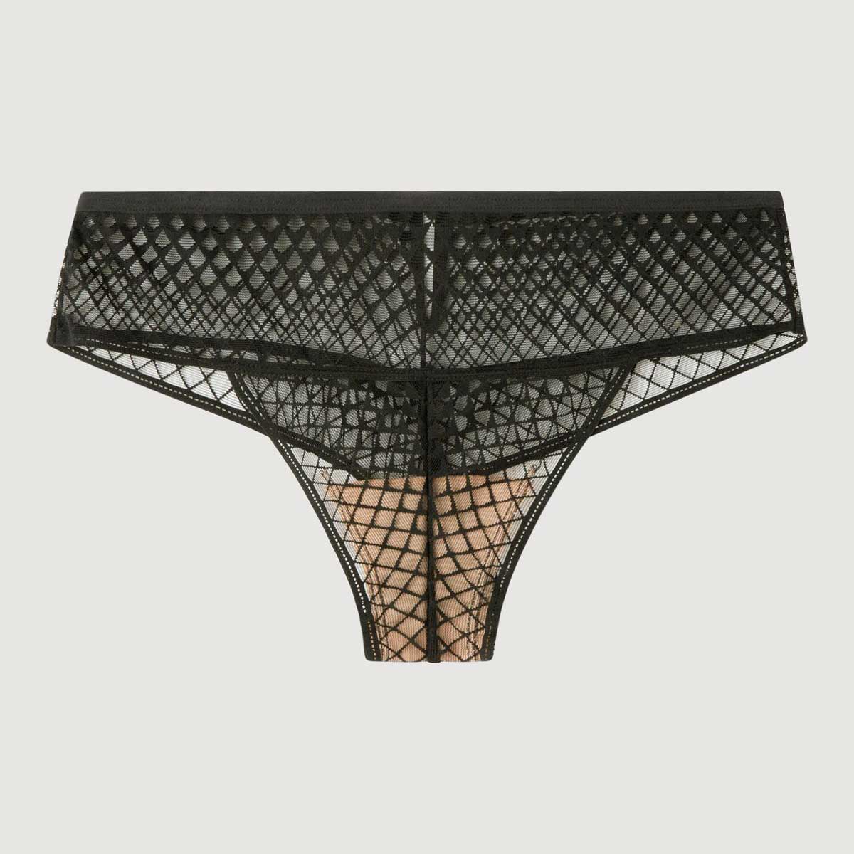 Brasiliana Gisela nera in tessuto elasticizzato, taglio a V, da abbinare al reggiseno coordinato