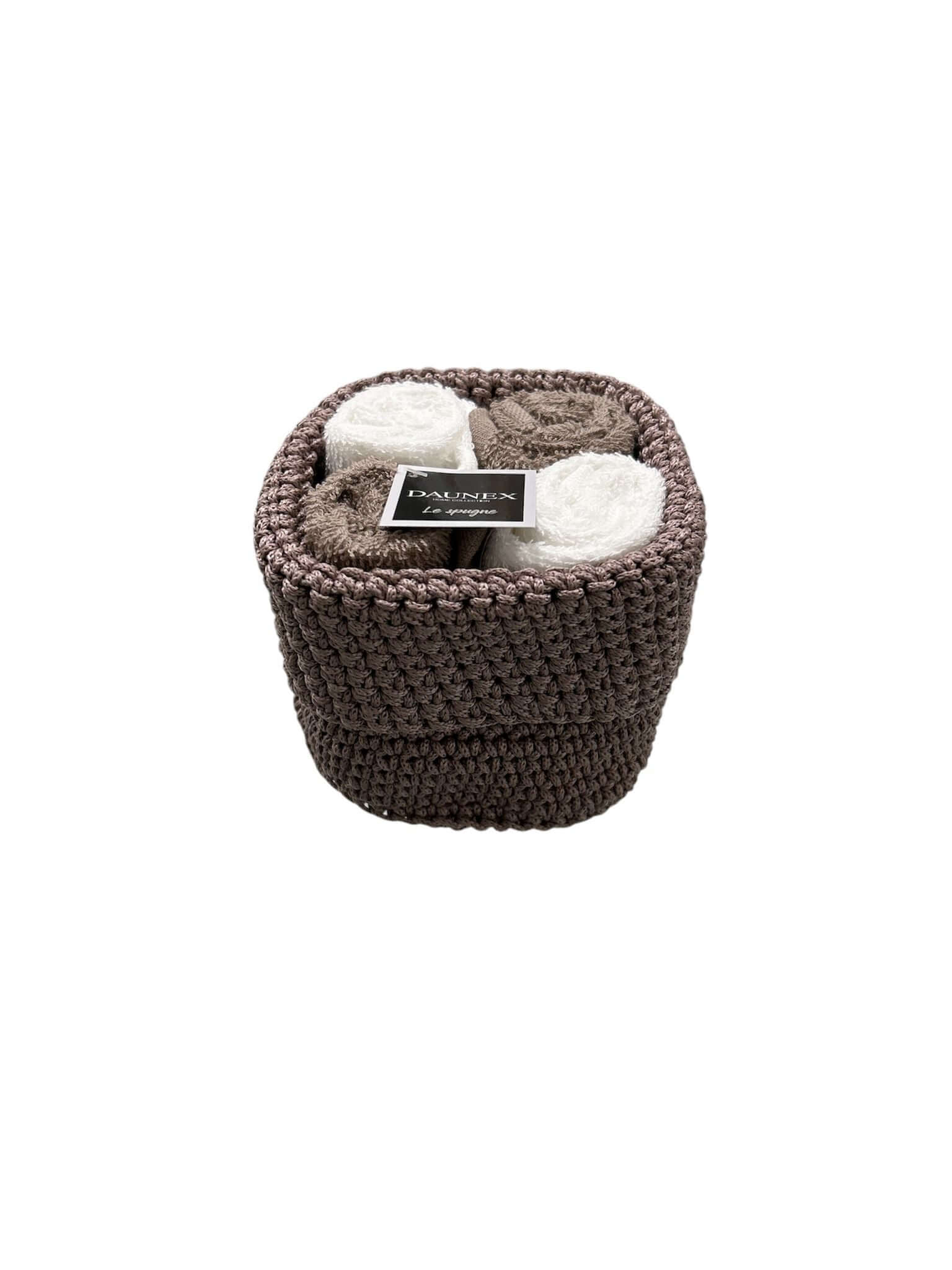 Set lavette Daunex Uncinetto 30x30 in spugna con cestino decorativo lavorazione effetto uncinetto, accessorio bagno raffinato.