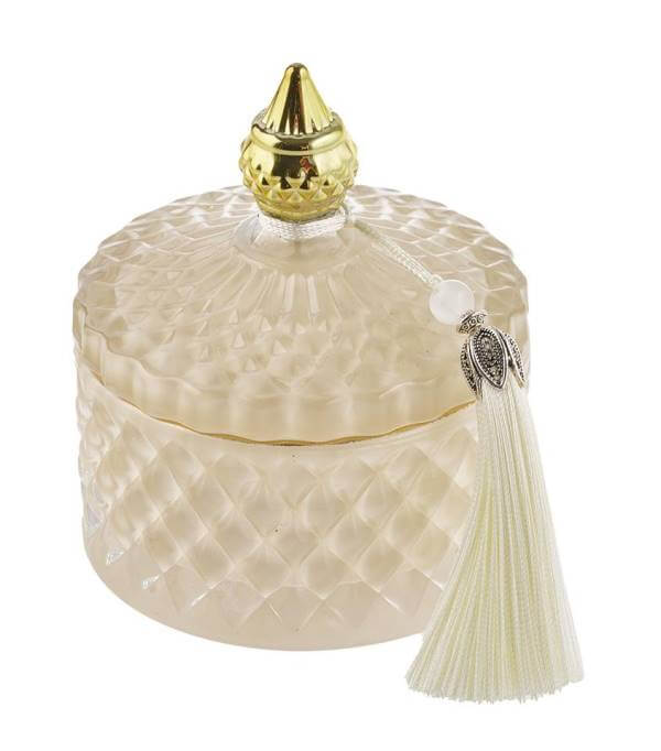 Candela profumata in vetro satinato ecrù con nappina, Special Gifts SP3/S, altezza 10 cm, diametro 8 cm, con scatola regalo inclusa.