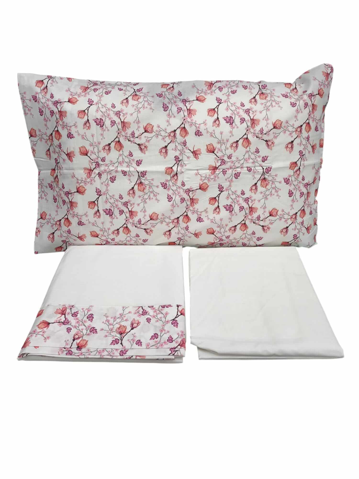 Completo lenzuola matrimoniale Papalina LEM155 in puro cotone stampato con balza, federe con volani e lenzuolo sotto con angoli. Made in Italy