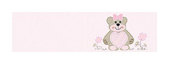 Bigliettino nascita bimba con decorazioni rosa, simboli dolci e spazio per messaggio personalizzato