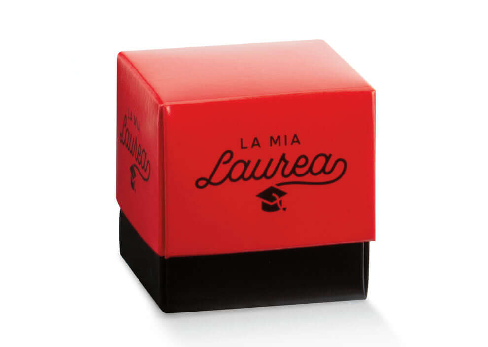 Bomboniera laurea Fleur in cartoncino rosso, 5x5x5 cm, per confetti o dolci, elegante e personalizzabile