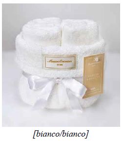 Set lavette Maestri Cotonieri 30x30 in spugna con cestino decorativo, accessorio bagno raffinato.