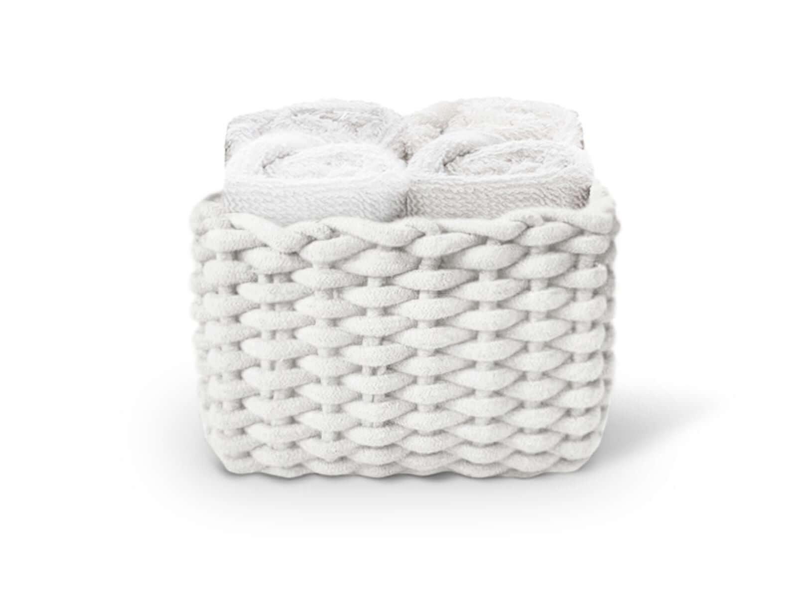 Set di 4 lavette Daunex Classic 30x30 in spugna di cotone con cestino decorativo, accessorio bagno elegante.