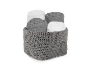 Set lavette Daunex Uncinetto 30x30 in spugna con cestino decorativo lavorazione effetto uncinetto, accessorio bagno raffinato.