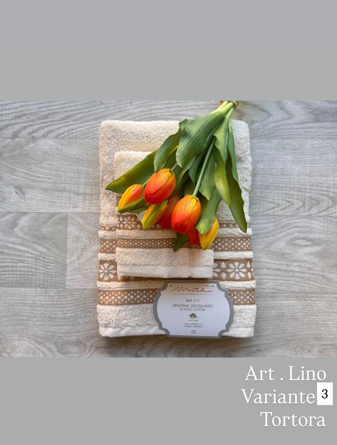 Set Asciugamani 1+1 Via Roma 60 Lino – Spugna di Cotone Jacquard 420 gr/m²