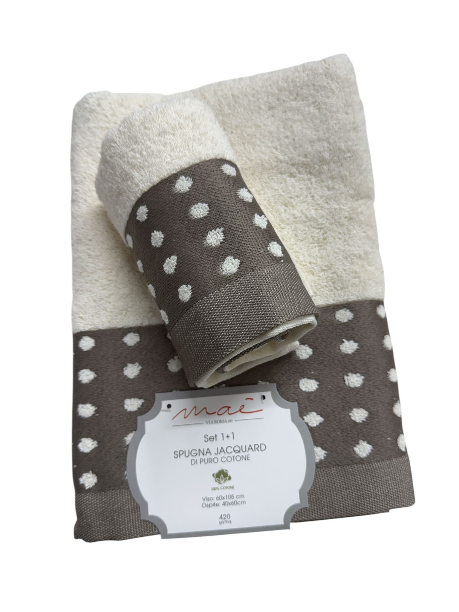 Set Asciugamani 1+1 Via Roma 60 Samba Pois – Spugna di Cotone Jacquard 420 gr/m²