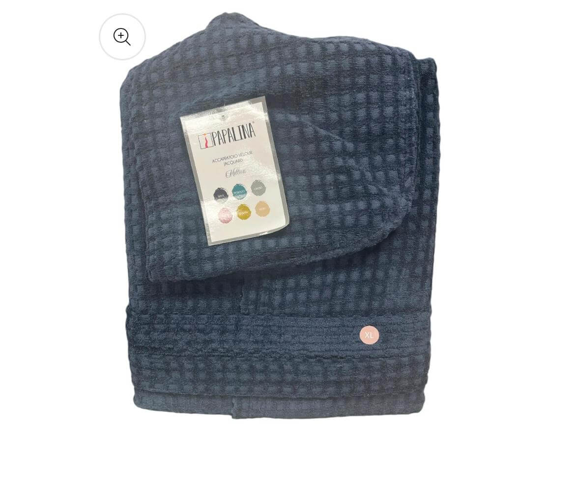 Accappatoio Papalina Velour Million taglia M, in spugna jacquard di cotone 400 gr/mq, con cappuccio, tasche e cintura, extra morbido, Made in Italy.