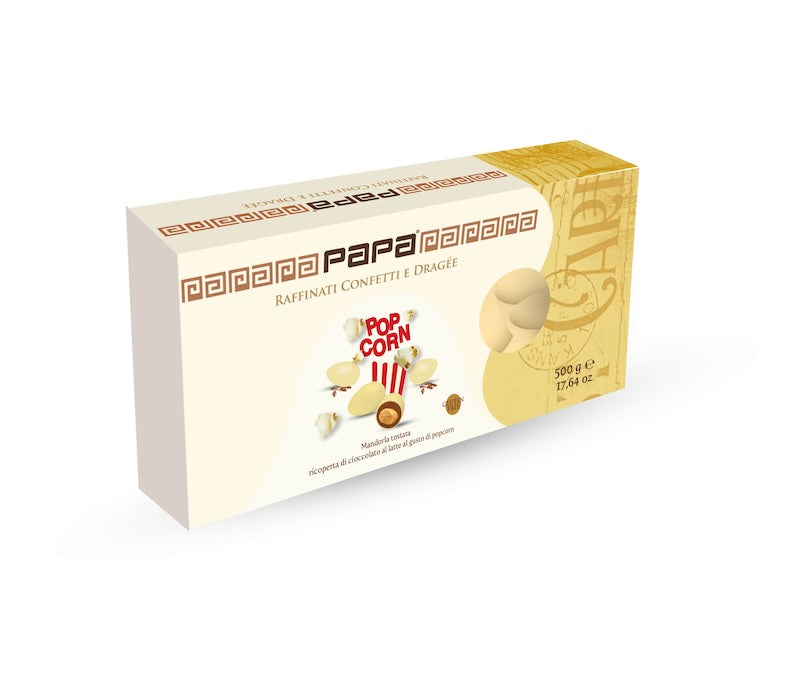 Confetti Papa dragee giallo al gusto pop corn con mandorla tostata e cioccolato al latte, confezione da 500G.