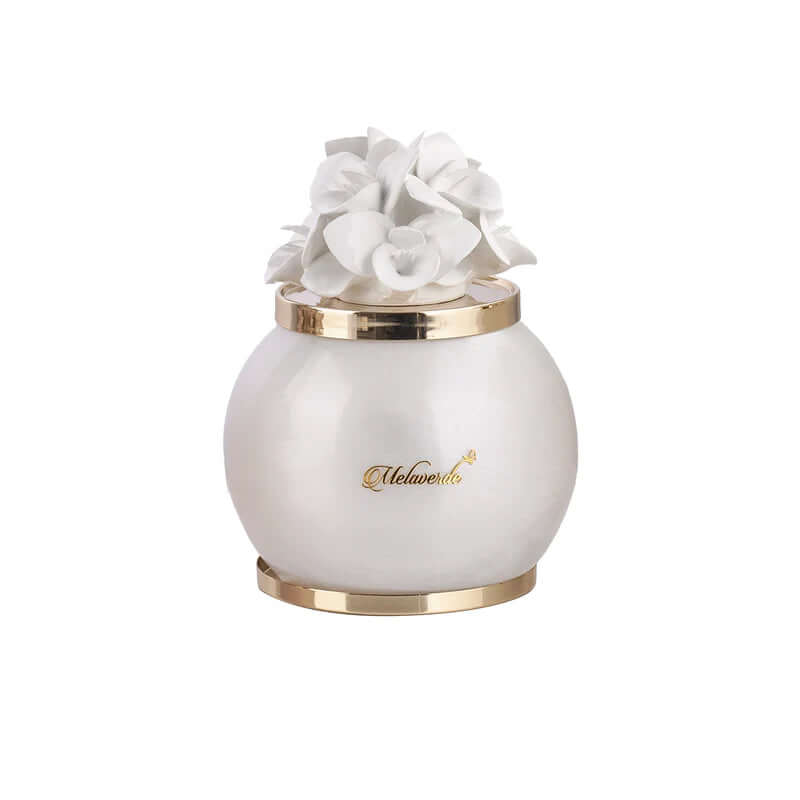 Lampada Melaverde Orchidea marmo bianco, sfera in porcellana 16x21 cm decorata a mano, bomboniera artigianale con scatola regalo. Made in Italy.