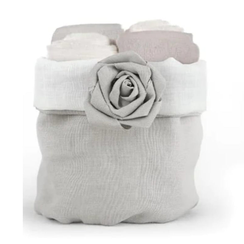 Set di 4 lavette Daunex 30x30 cm in spugna di cotone con cestino decorativo “Bocciolo”, eleganza e morbidezza per il bagno.