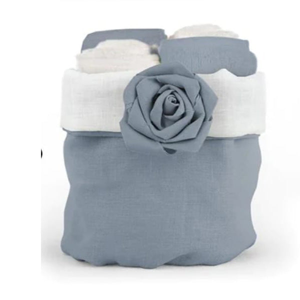 Set di 4 lavette Daunex 30x30 cm in spugna di cotone con cestino decorativo “Bocciolo”, eleganza e morbidezza per il bagno.